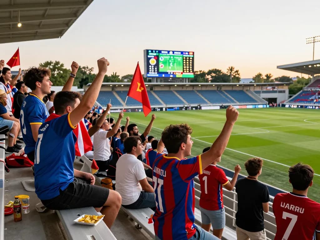 Fans cheering during a soccer match at Nowgoal, showcasing live scores and team spirit.