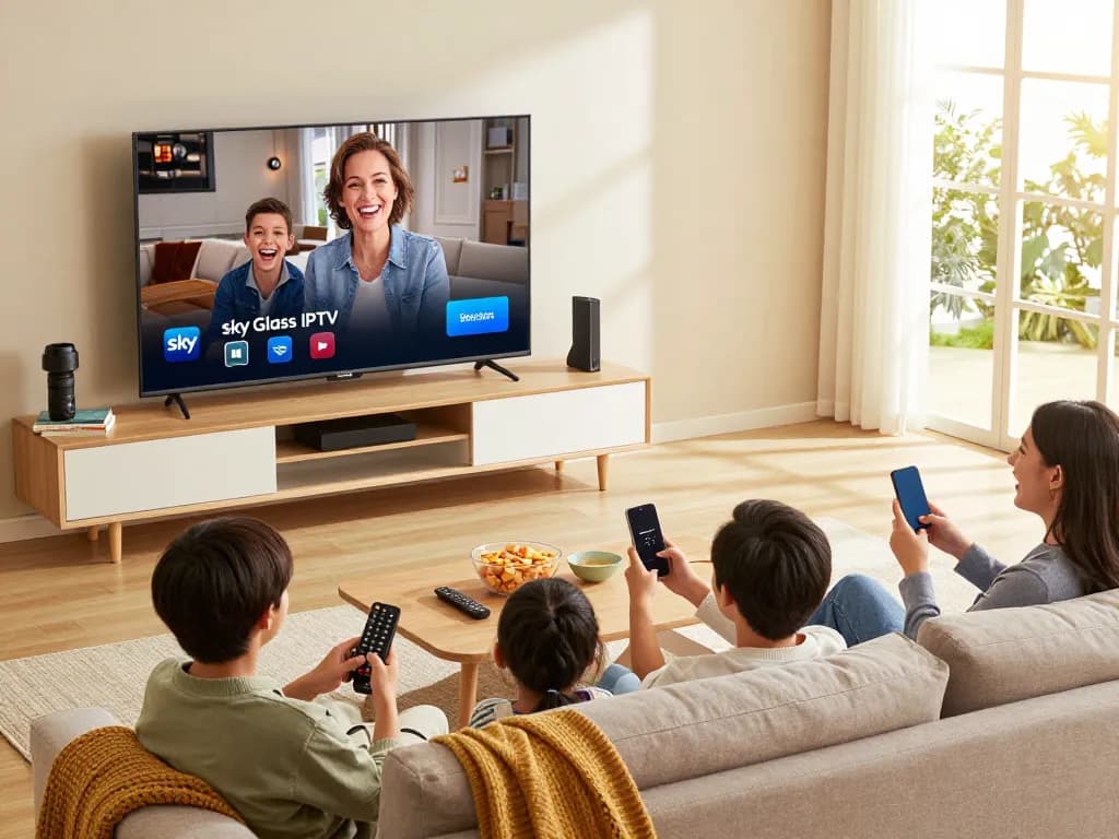 Family enjoying Sky Glass IPTV Subscription in a cozy living room while watching shows on a Smart TV.
