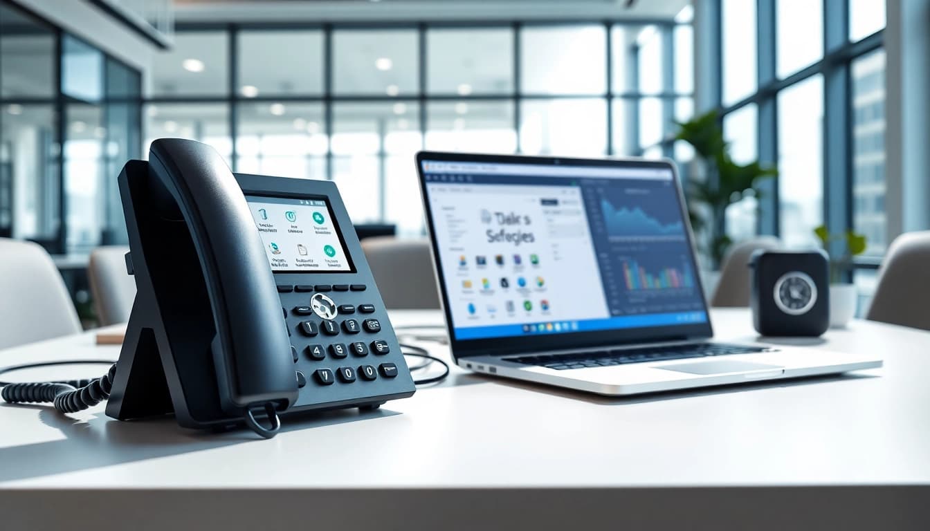 Showcasing office phone systems in a modern workspace with sleek design and vibrant lighting.
