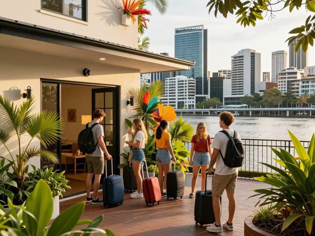 Experience peak airbnb management brisbane with diverse travelers checking in to a stylish rental in vibrant Brisbane.