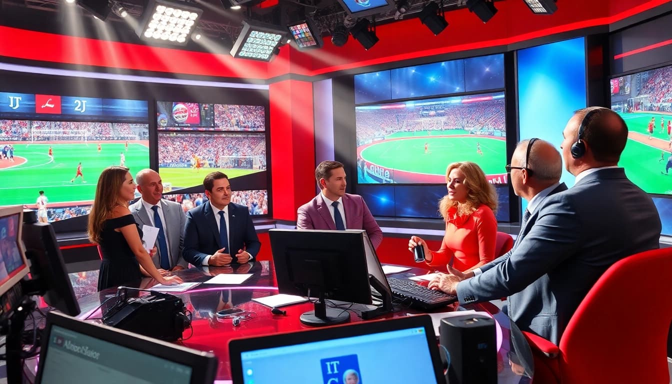 Engaging sports broadcasting studio with presenters delivering live sports updates.