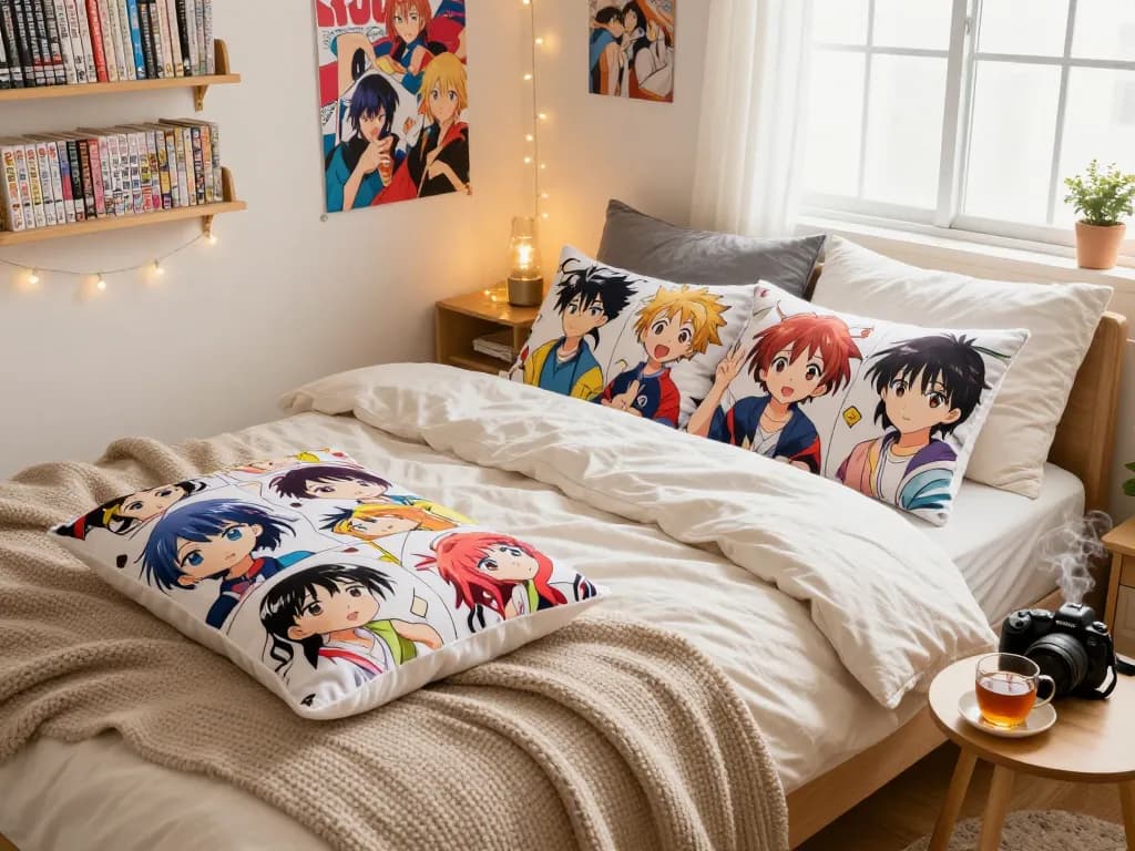 Custom body pillow cases showcasing vibrant anime characters in a cozy bedroom setting.
