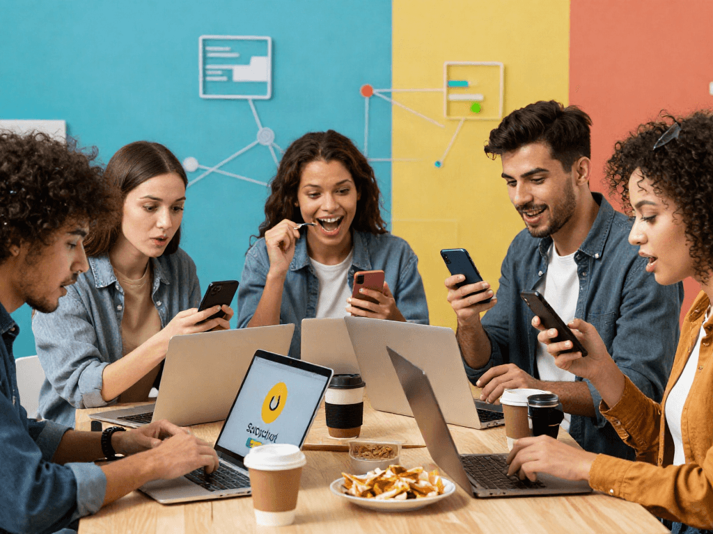Young adults engaging in a spicychat conversation using smartphones and laptops in a lively digital communication setting.