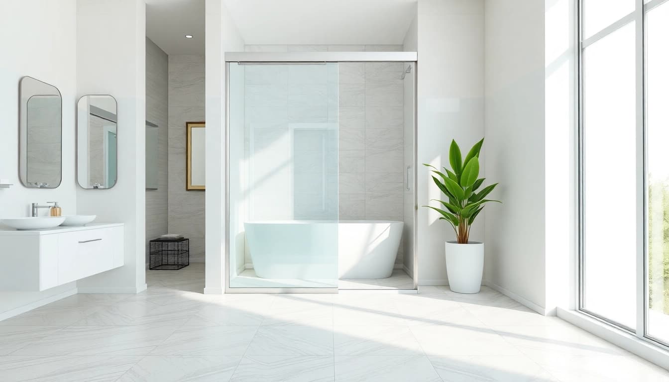 Showcase of a sleek shower screen sliding door in a modern bathroom setting.