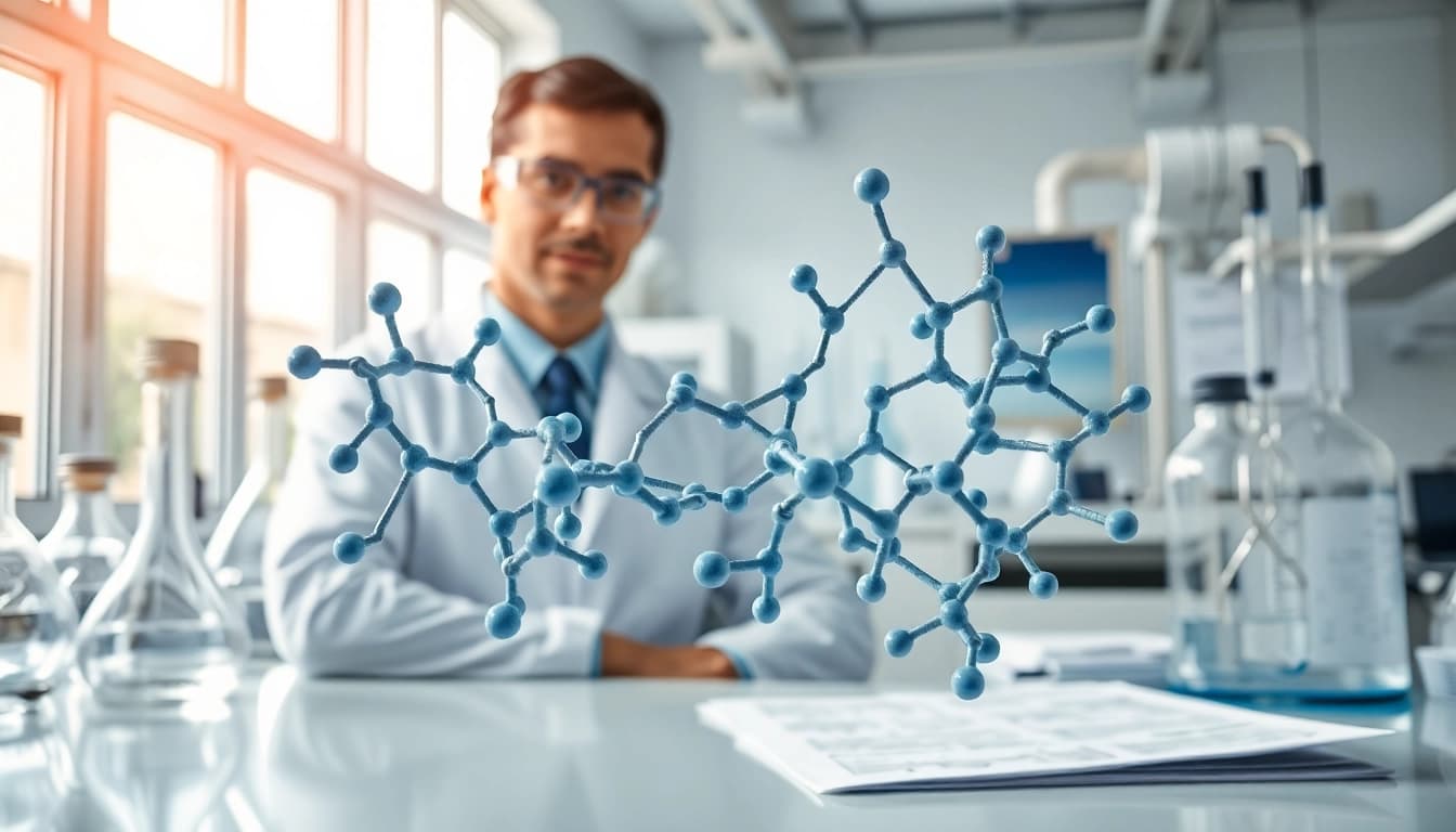 Learn about Peptides UK with a scientist in a modern laboratory surrounded by research materials.