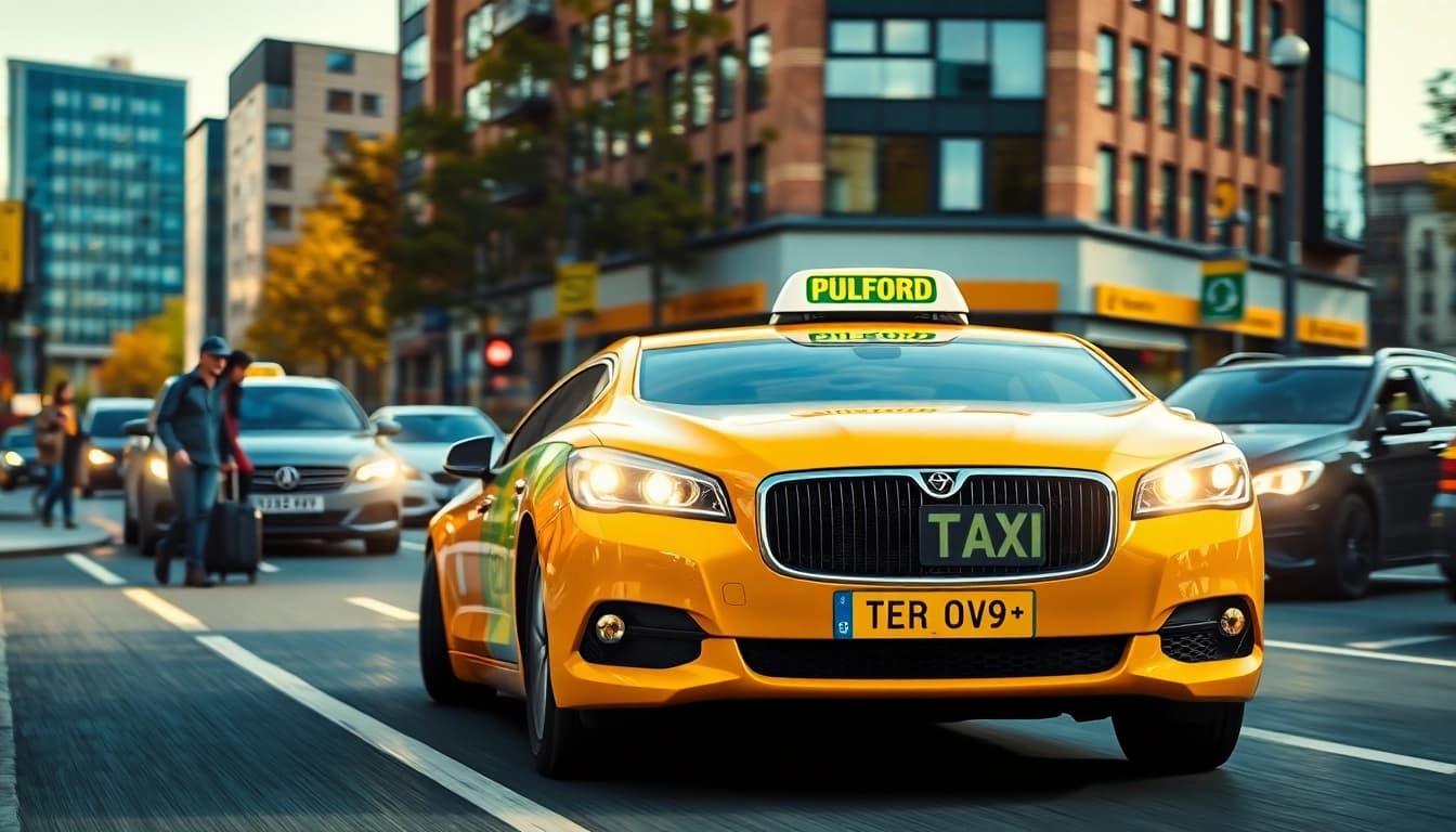 Pyrford taxi engaging eager passengers near a vibrant urban setting.