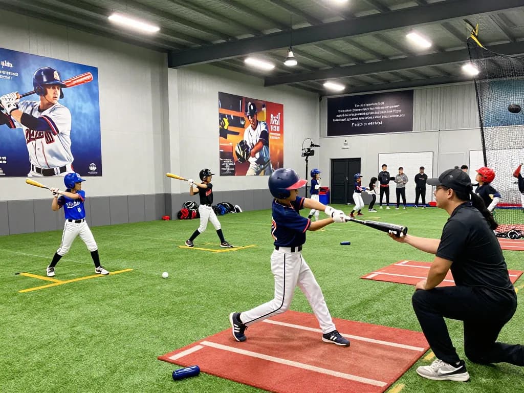 Hitclub baseball training scene with young athletes practicing hitting techniques indoors.
