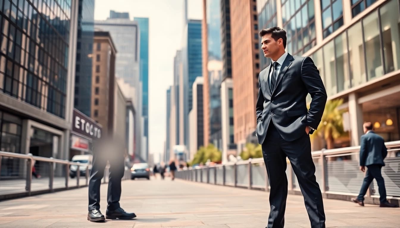 Personal security guard displaying vigilance in an upscale urban setting.