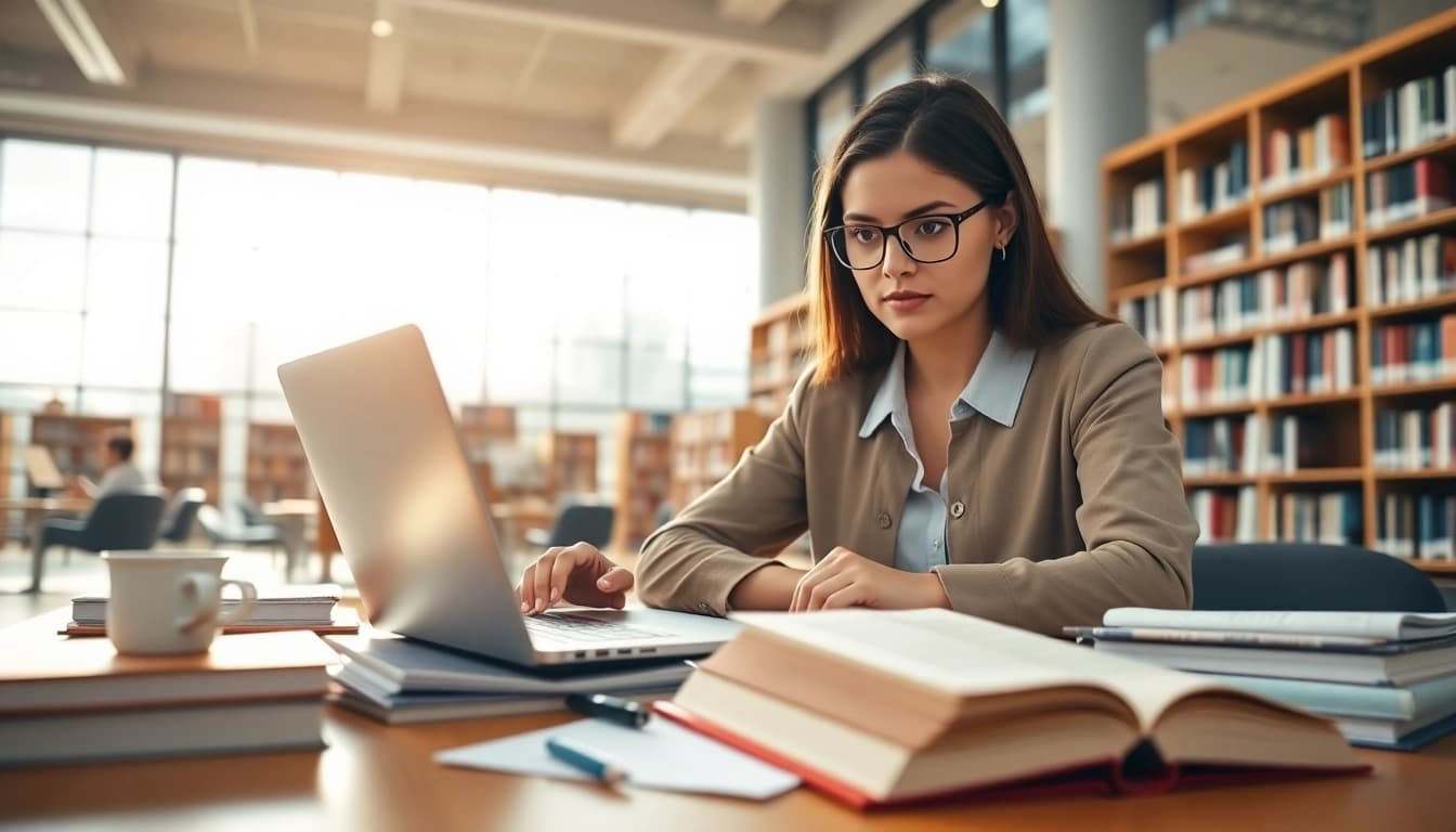 Hire someone to take LSAT for you in a modern library setting with study materials.