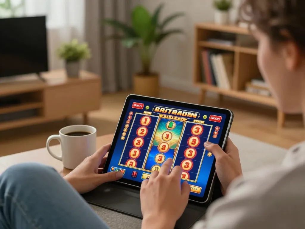 79win player enjoying a thrilling slot game on a tablet in a cozy living room