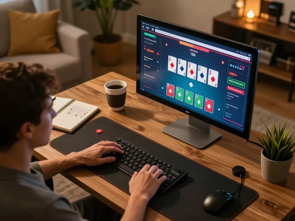 Engaging in online blackjack at Trang chủ 789Club with vibrant gaming interface and cozy setup.