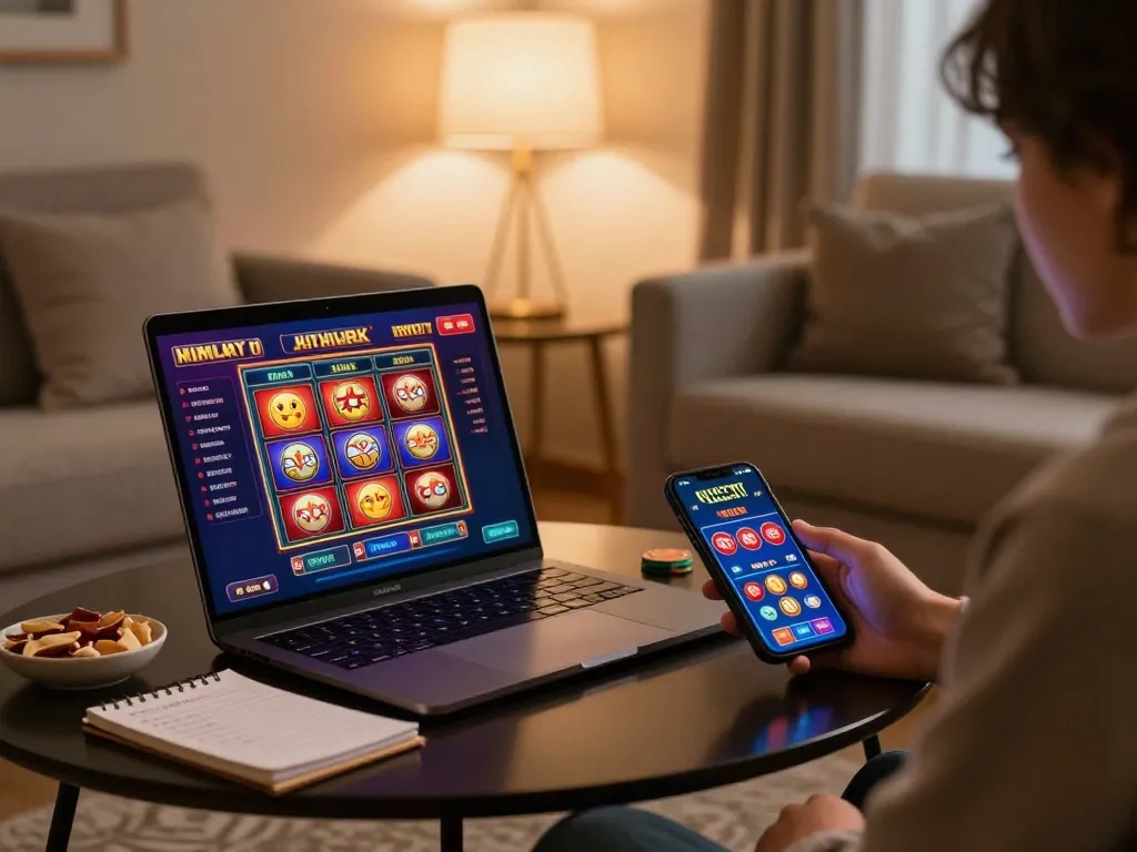 Engaging online gaming session at home with TG88 on laptop and smartphone.
