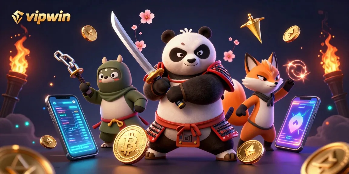 Engage with vipwin's dynamic casino games featuring a samurai panda and ninja fox in a vibrant setup.