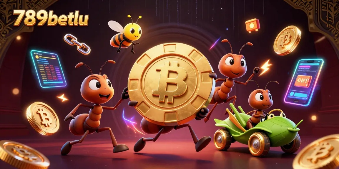 Experience thrilling action with 789betlu as ants carry giant poker chips amid shining crypto coins.