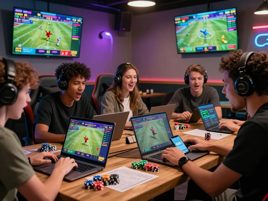 Engaged players experiencing online betting at https://oke179.xyz/ with dynamic gaming graphics and a vibrant café atmosphere.