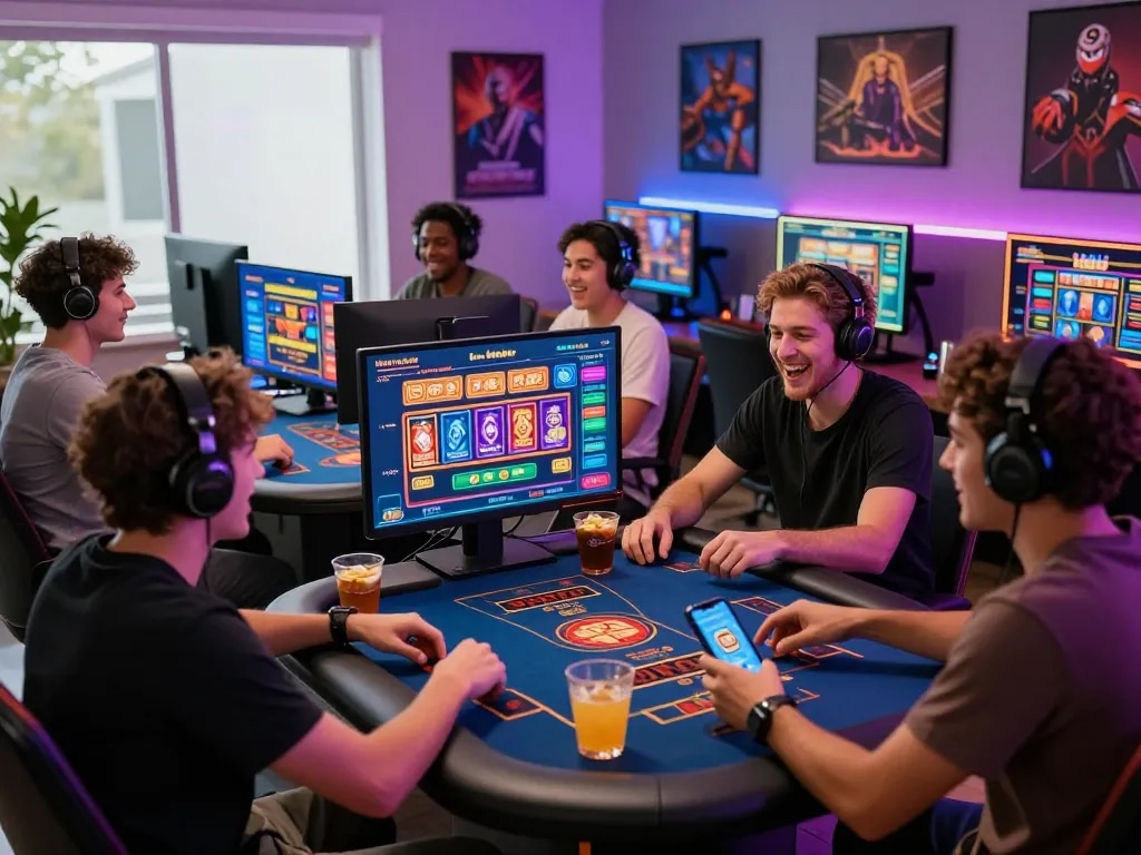 Exciting C168 online gaming scene with friends engaged in casino games and laughter.