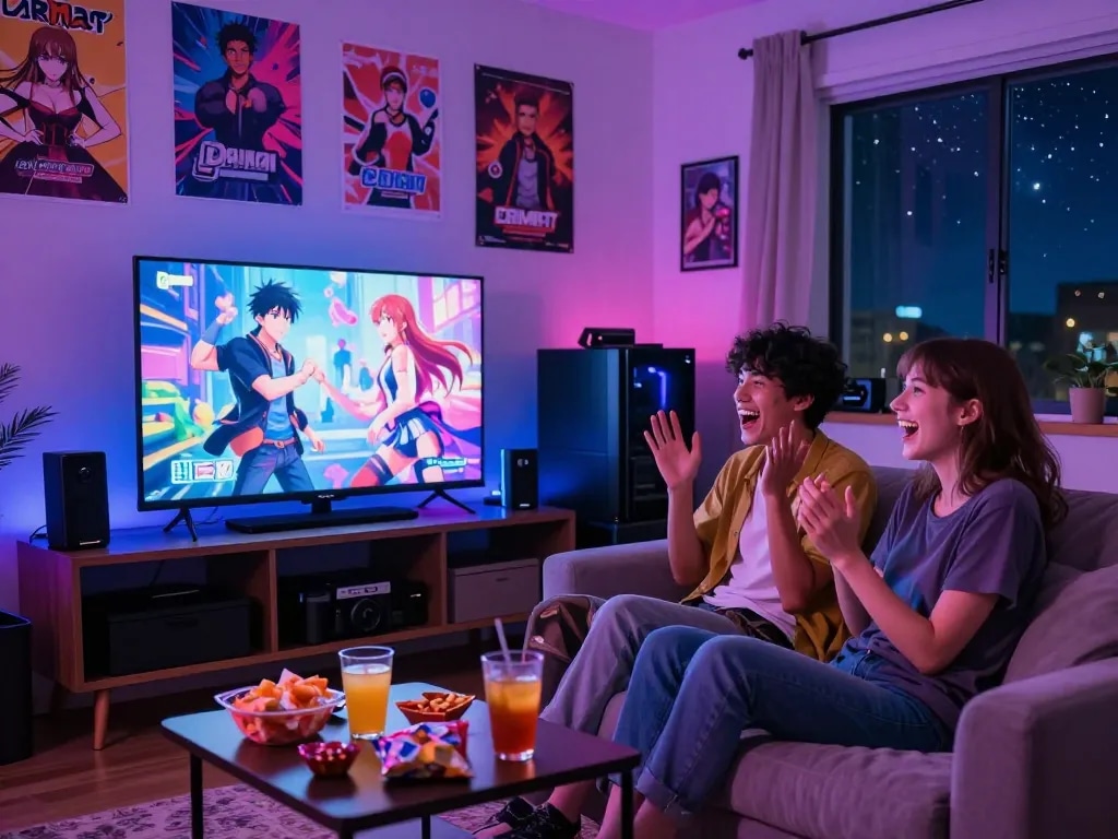 Exciting gaming experience with a couple playing a porn game in a cozy room