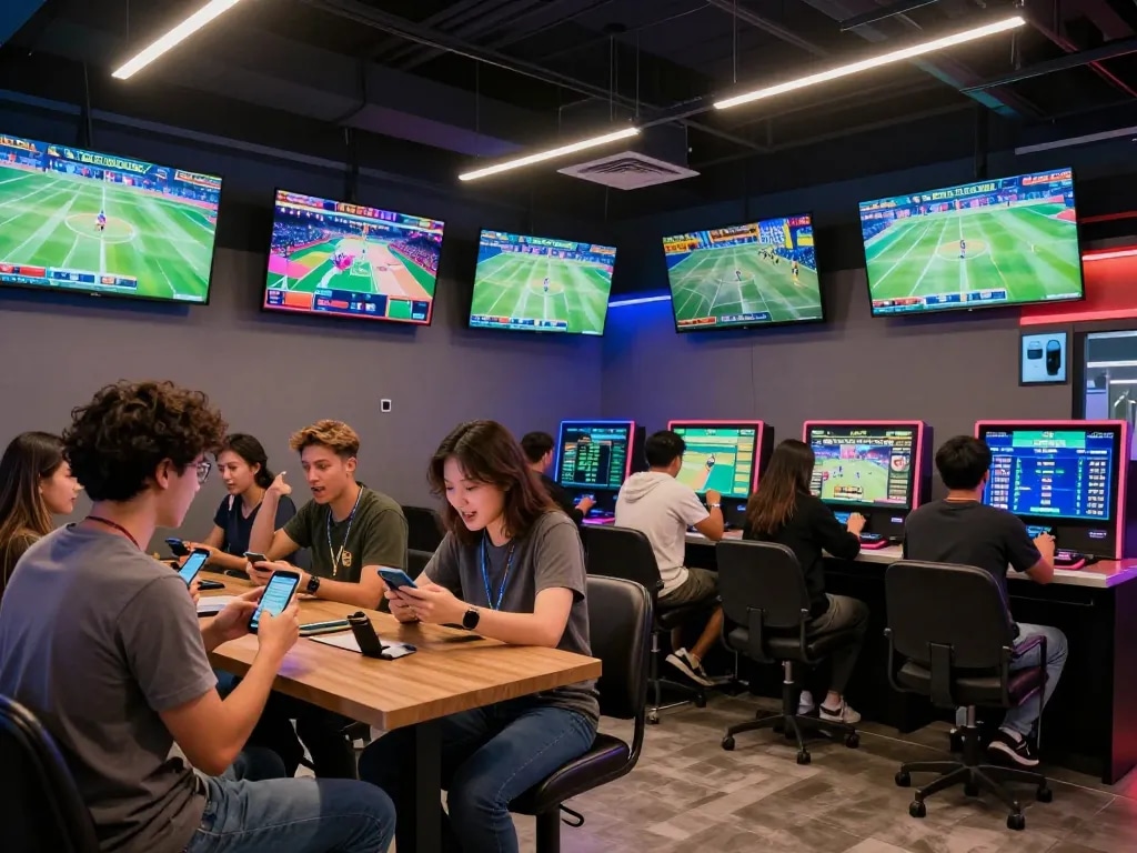 Bong88 users engaging in live sports betting with digital screens displaying exciting game odds.