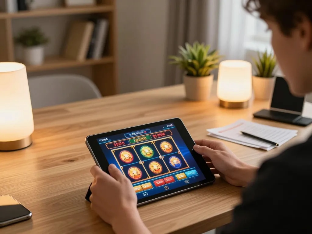 Engaging with 13win casino app on tablet while planning strategies in a cozy gaming space.