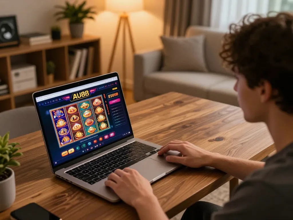 Engaging in online gaming at AU 88 with a cozy home setup, showcasing casino interface