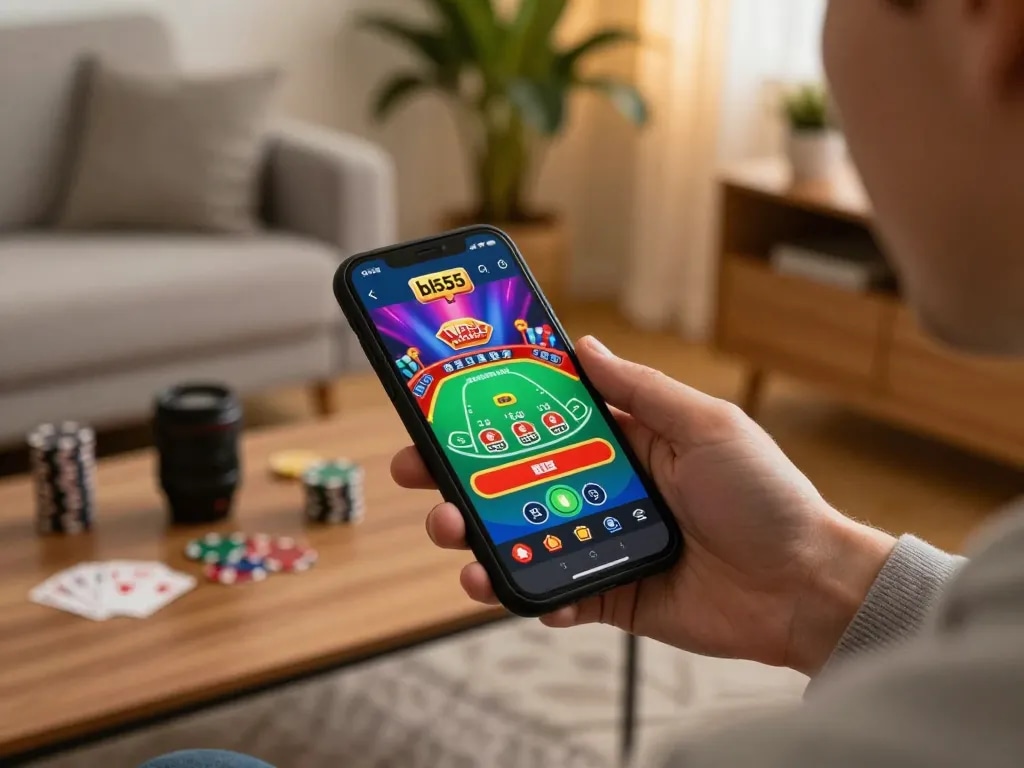 Player engaging with the bl555 mobile app for live blackjack gameplay, showcasing a vibrant casino interface