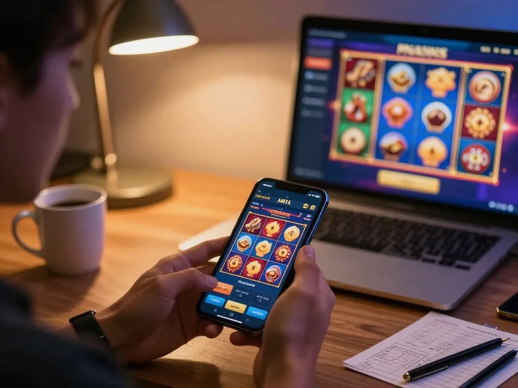 Engaged player enjoying Slot Malaysia on a mobile app before a cozy workspace.