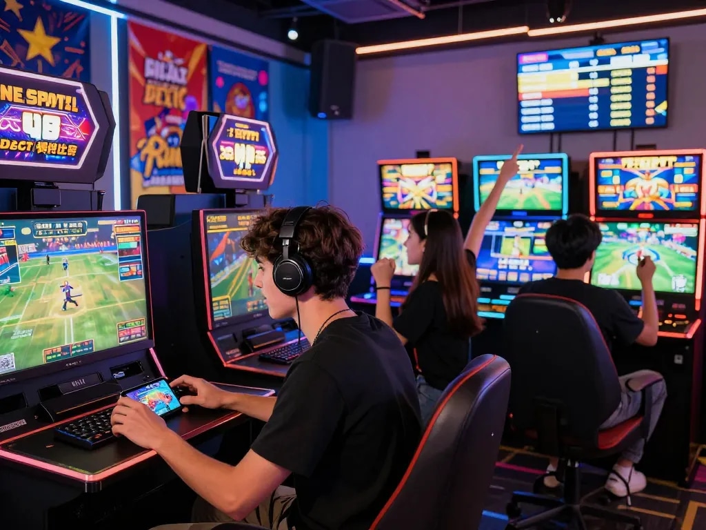Engaged players at EE88 gaming lounge enjoying diverse gambling experiences with vibrant screens and exciting atmosphere.