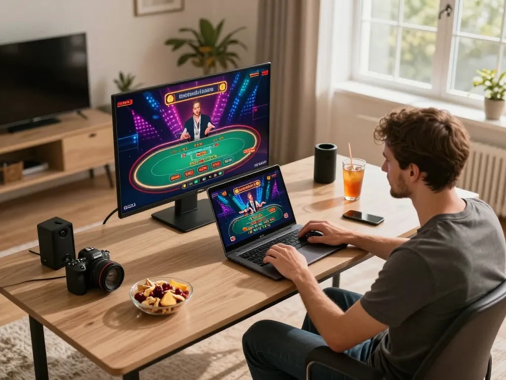 Engaging online gambling experience at LV88, person using laptop for live casino games.