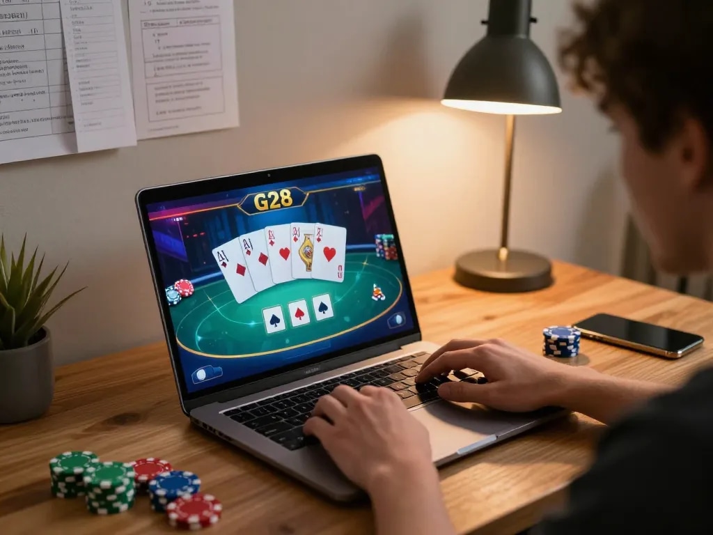 Engaging online poker gameplay at G28 featuring vibrant graphics and cozy workspace atmosphere.