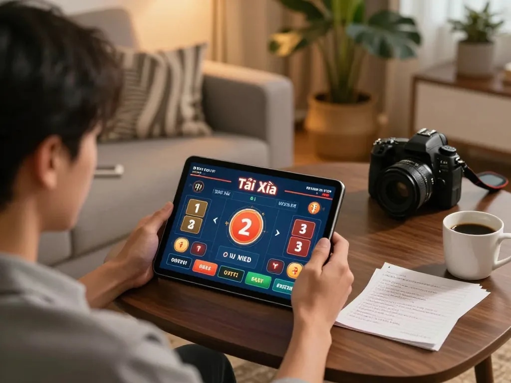 Playing app tài xỉu online uy tín with strategic betting on a cozy tablet setup at home.