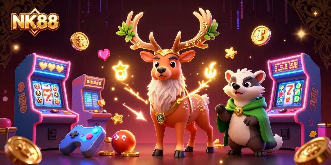 Engage with thrilling slots at NK88 with our vibrant casino illustration showcasing dynamic gaming elements.