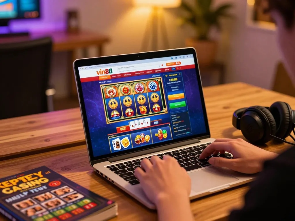 Engaging with vin88 online casino on a cozy setup with a colorful gaming interface