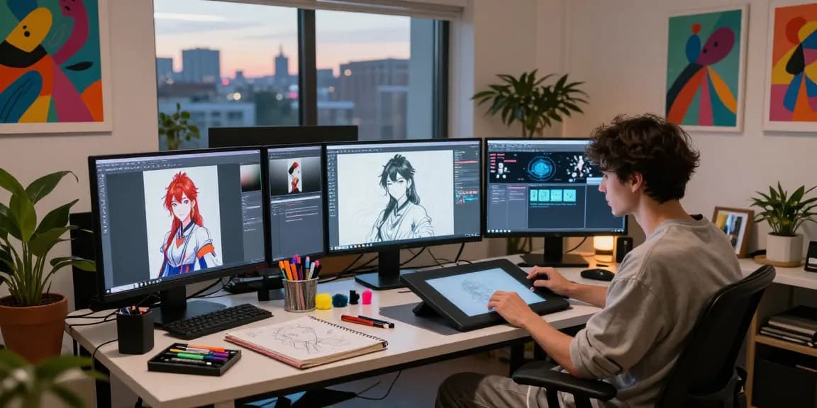Artist engaged in creating NSFW AI character designs in a cozy digital art studio.