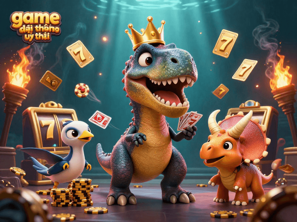 Engage in the thrill of game đổi thưởng uy tín with a T-Rex shuffling cards and stacking chips.