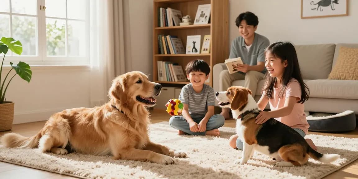 Happy family playing with dogs at home, showcasing https://petsnatureworld.com pet care joy.