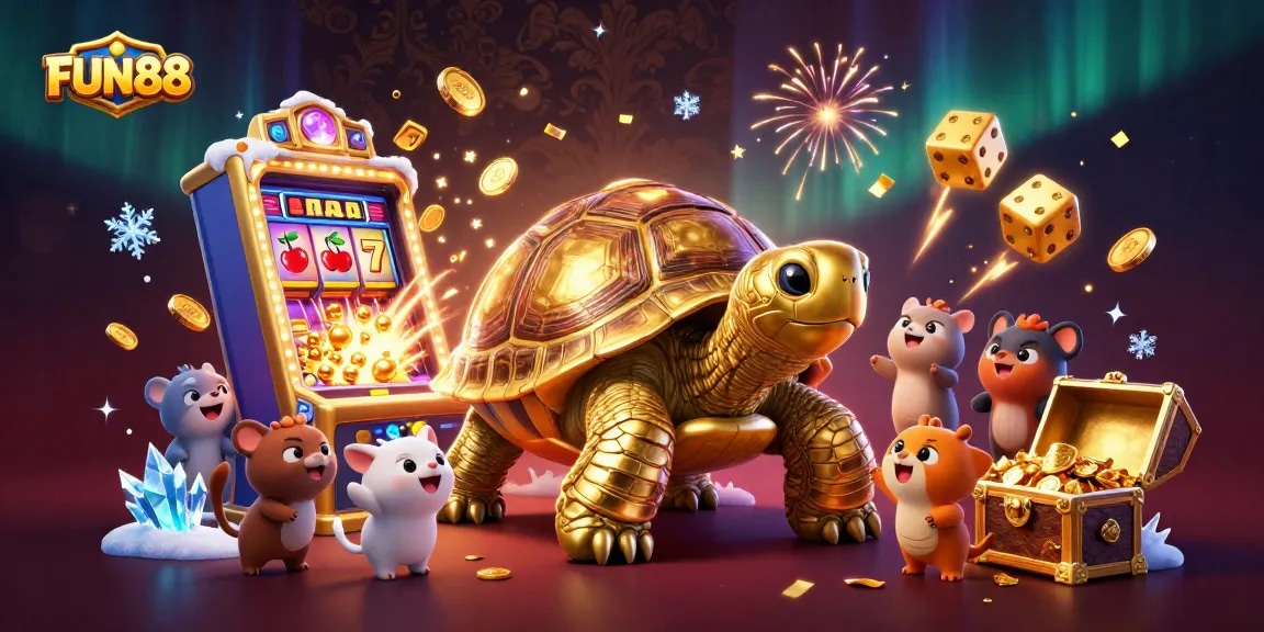 Experience FUN88's vibrant casino world with an energetic illustration of jackpot games and animated fun.