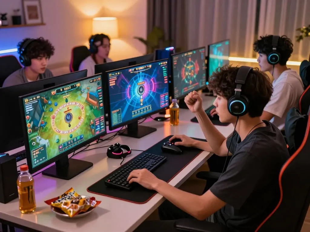 Players enjoying tài xỉu online with vibrant game graphics at a dynamic gaming setup, showcasing the thrill of online gambling.