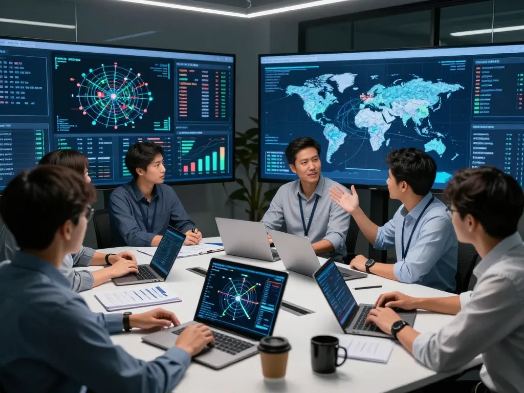 IT professionals utilizing 快连 technology in a collaborative network operations center