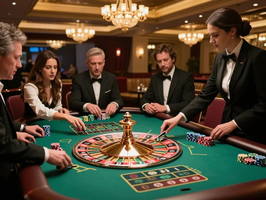 Players enjoying a thrilling roulette game at 8kbet casino with vibrant atmosphere and luxury ambiance