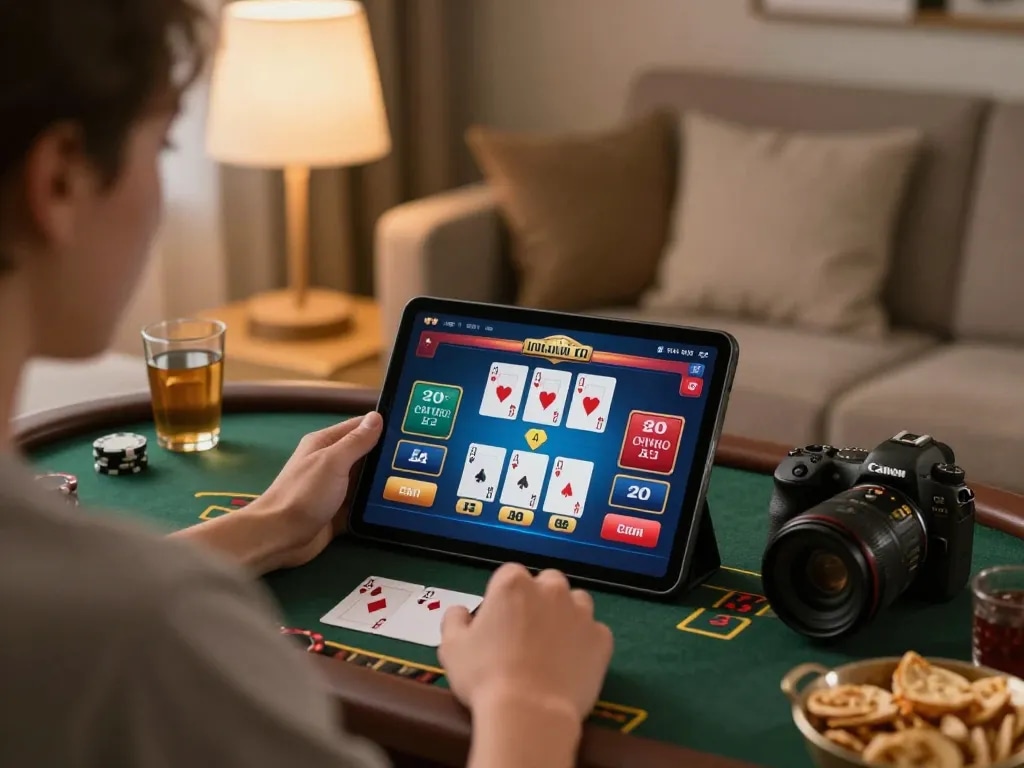 Player enjoying live dealer blackjack on sc88 tablet in a cozy home setting with snacks.
