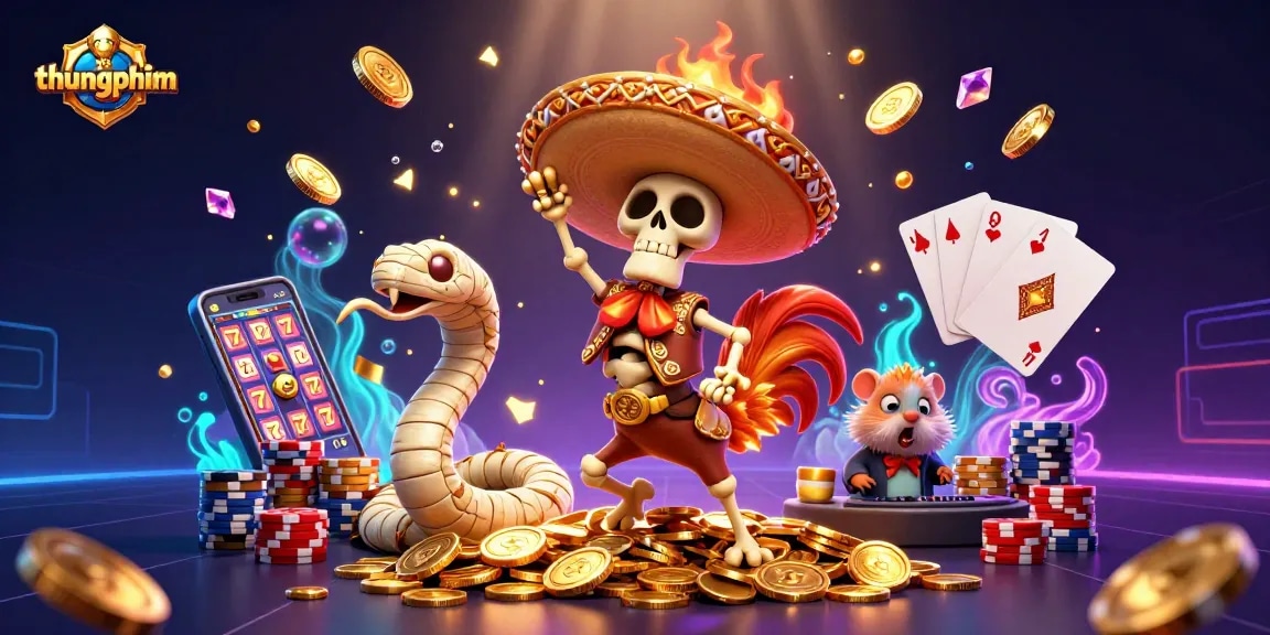 Experience thrilling wins featuring thungphim's vibrant characters engaging in dynamic casino action with golden coins.