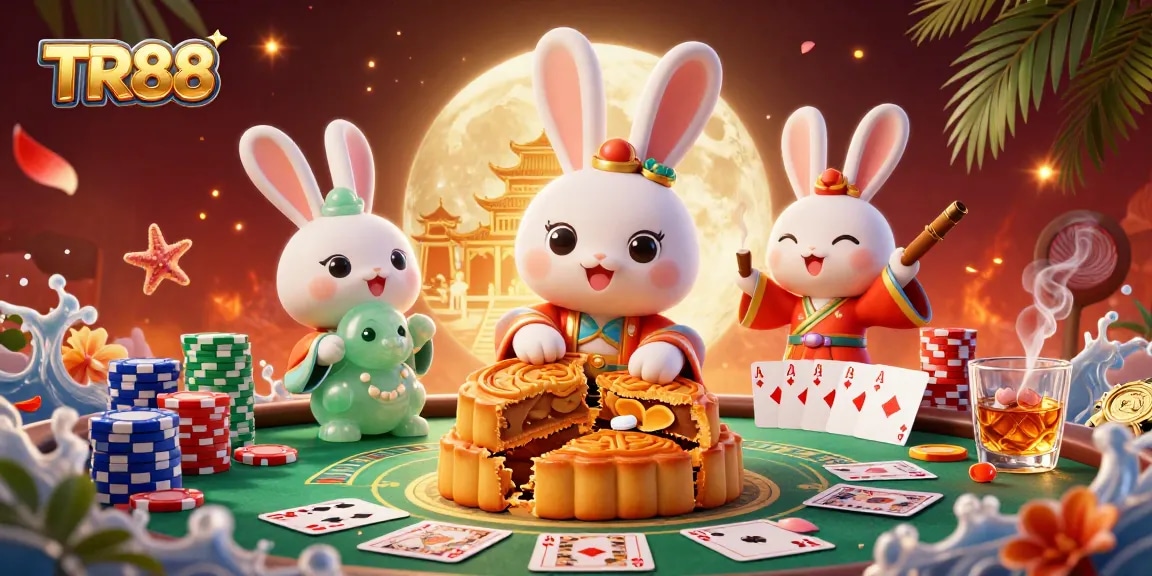 Experience the thrill of TR88 with a vibrant 3D scene showcasing a moon rabbit and poker-inspired elements.