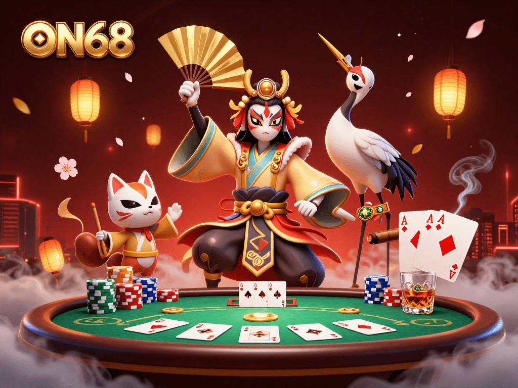 Experience thrilling gameplay at ON68 with an enchanting 3D casino-style illustration showcasing dynamic characters and vibrant poker elements.