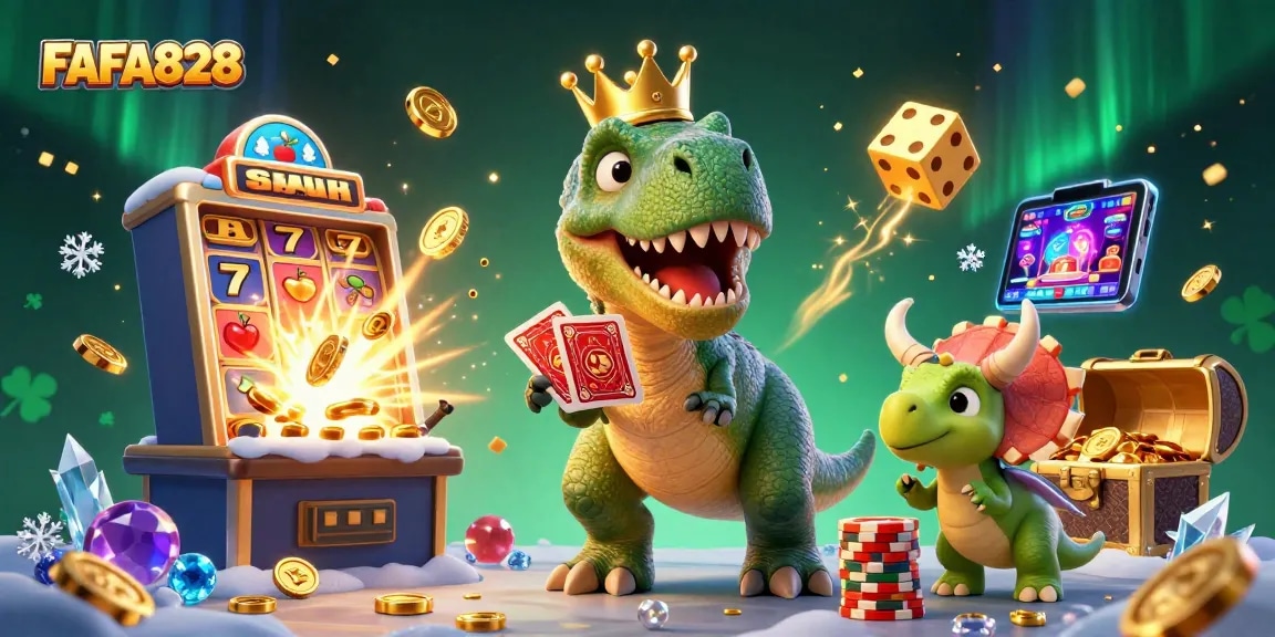 Engage with FAFA828's exciting casino action featuring a T-Rex and friends amidst a vibrant jackpot scene.