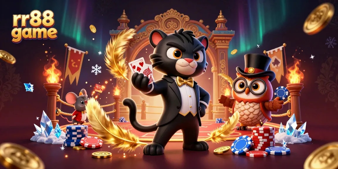Engage with the thrilling rr88 game experience, featuring a stylish panther dealing cards amidst a vibrant casino scene.