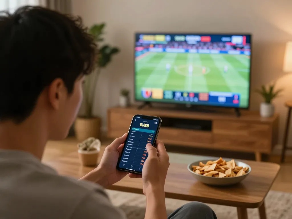 Engaging in live betting on BJ88 while watching a game on TV in a cozy home atmosphere