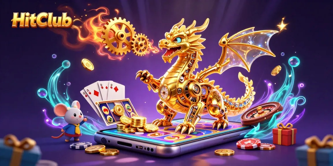 Experience gaming with HitClub as a biomechanical dragon and engineer amidst vibrant slot symbols