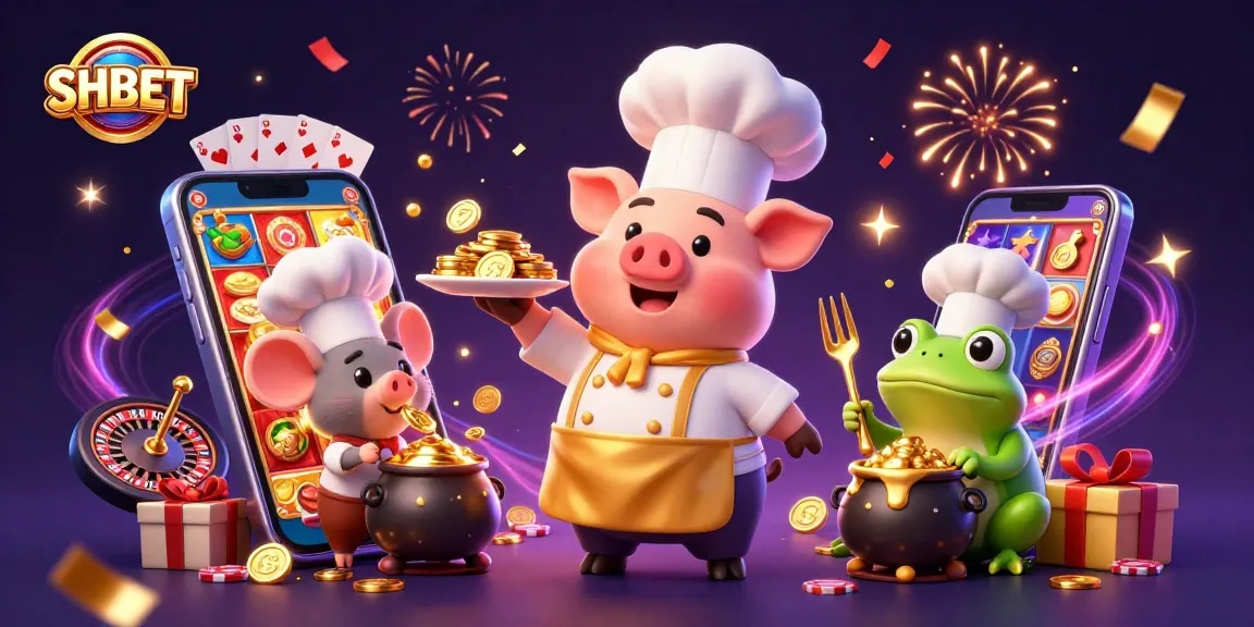 SHBET delights players with gold coin dishes in a vibrant casino scene featuring games.