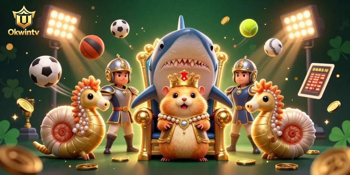 Okwintv captivates players with dynamic betting, showcasing sports balls, a throne, and a royal hamster king.