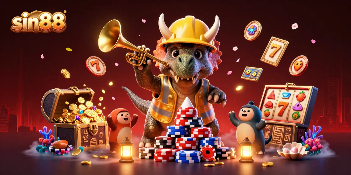 sin88 features a dynamic 3D scene showcasing a triceratops building poker chip pyramids, celebrating winnings in a vibrant casino atmosphere.